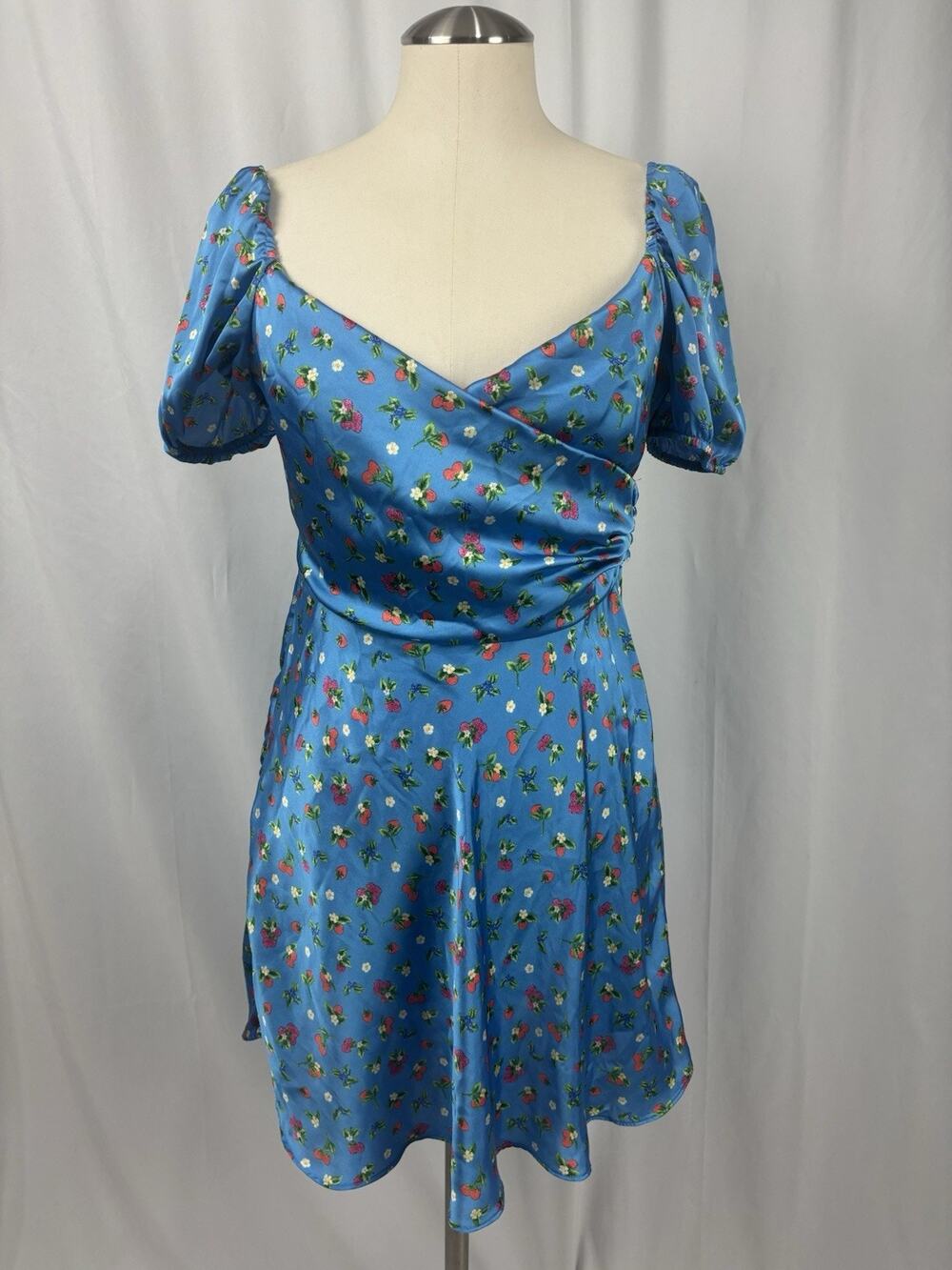 ZARA Women’s M Blue Silky Short Sleeve Wrap Dress Fruit Print Cottage Coquette